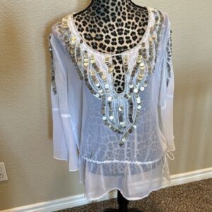 Women’s White Diamonds long sleeve sheer top with large sequins detail, size L